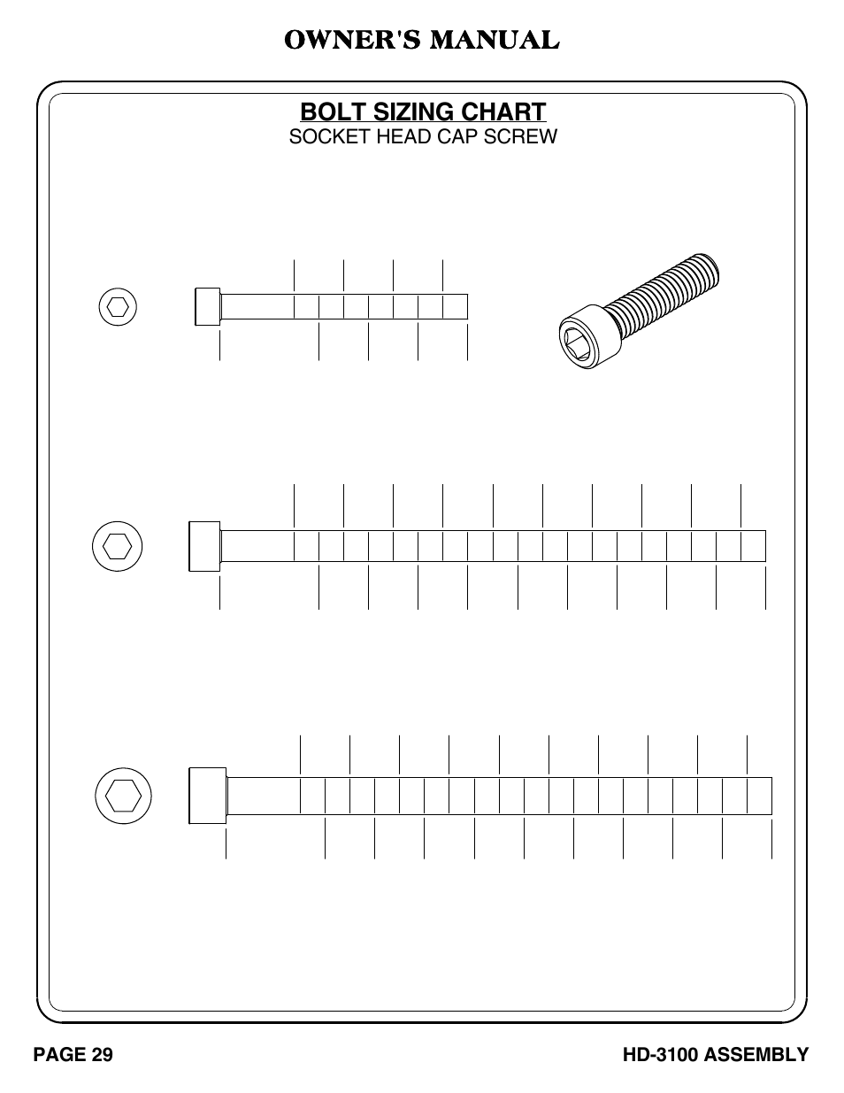 Bolt sizing chart, Owner's manual, Socket head cap screw | Hoist Fitness HD-3100 User Manual | Page 30 / 39