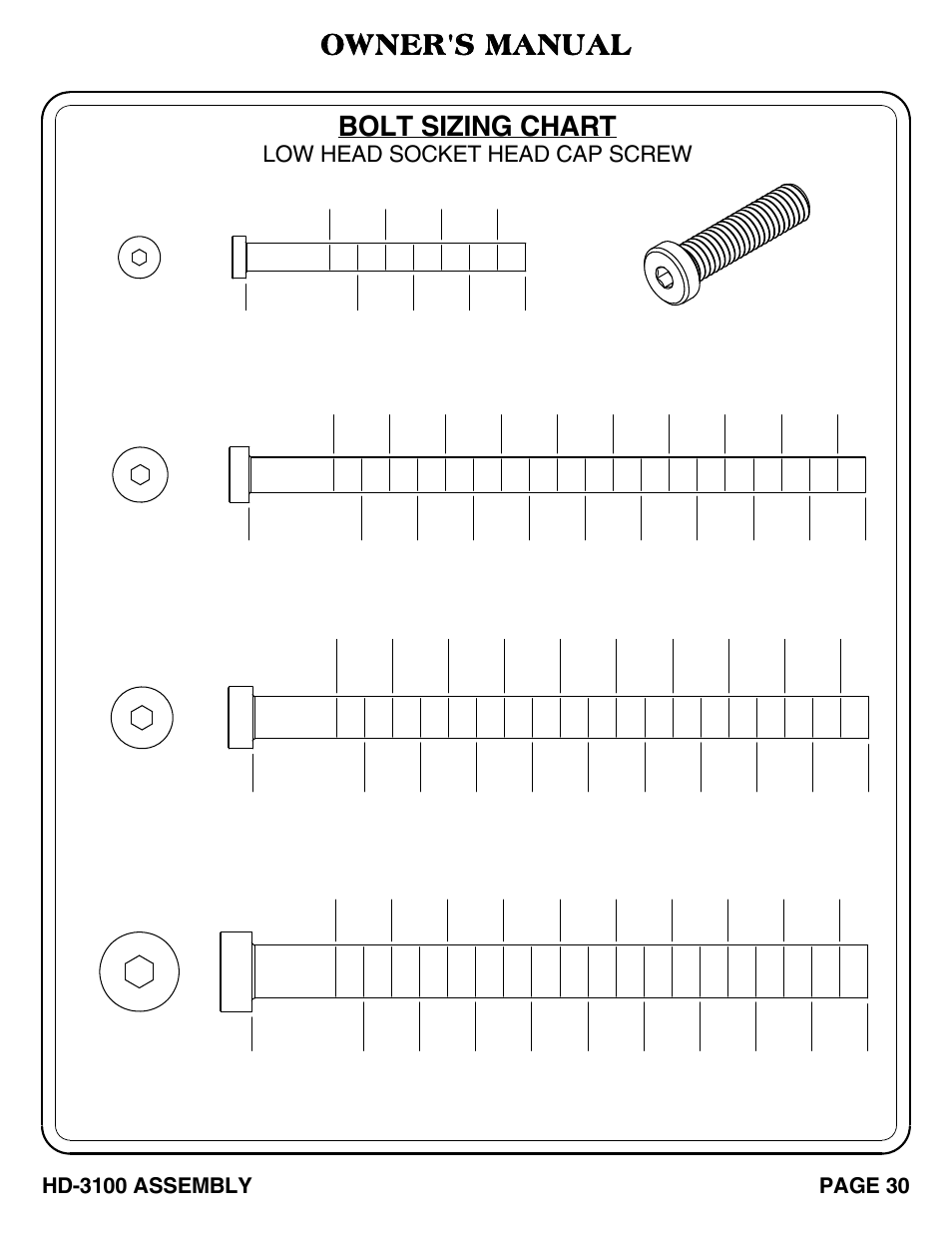 Bolt sizing chart, Owner's manual, Low head socket head cap screw | Hoist Fitness HD-3100 User Manual | Page 31 / 39