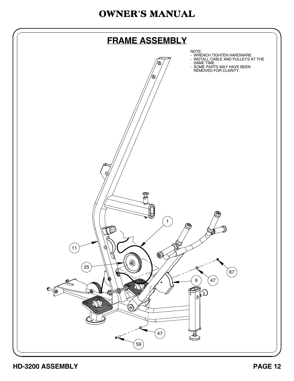 Frame assembly, Owner's manual | Hoist Fitness HD-3200 User Manual | Page 13 / 46