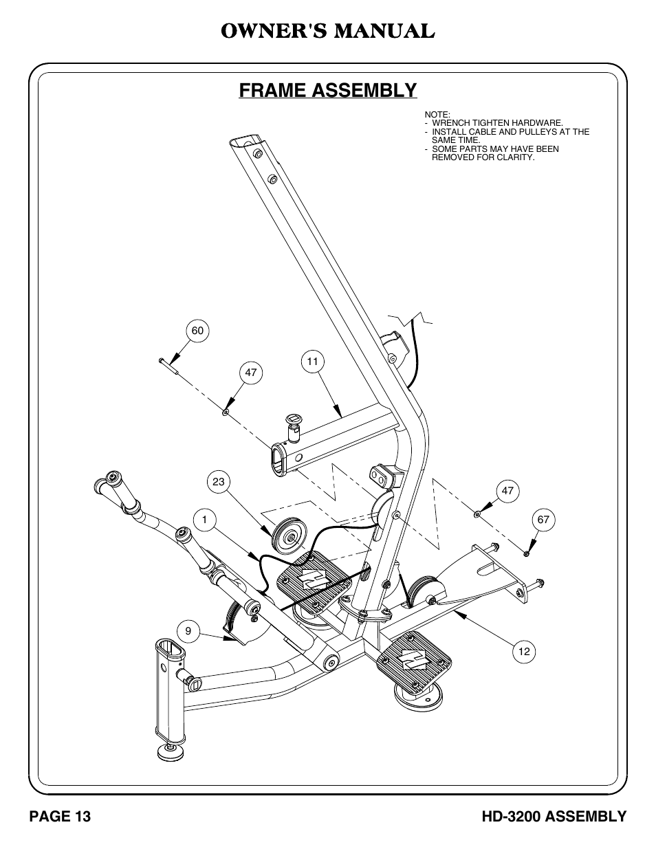 Hd-3200 pg 11-12, Frame assembly, Owner's manual | Hoist Fitness HD-3200 User Manual | Page 14 / 46