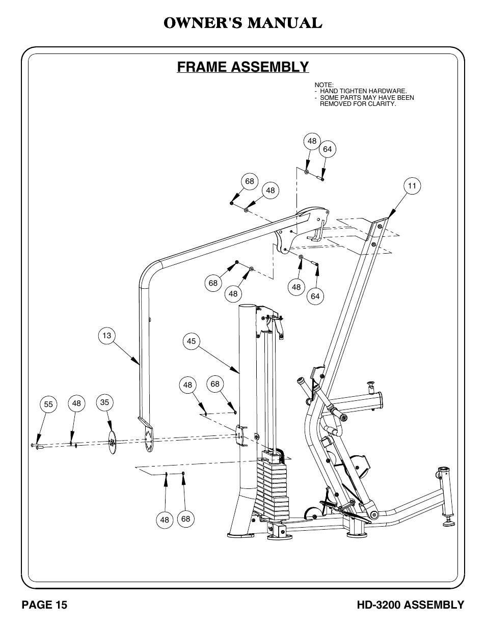 Frame assembly, Owner's manual, Page 15 | Hd-3200 assembly | Hoist Fitness HD-3200 User Manual | Page 16 / 46