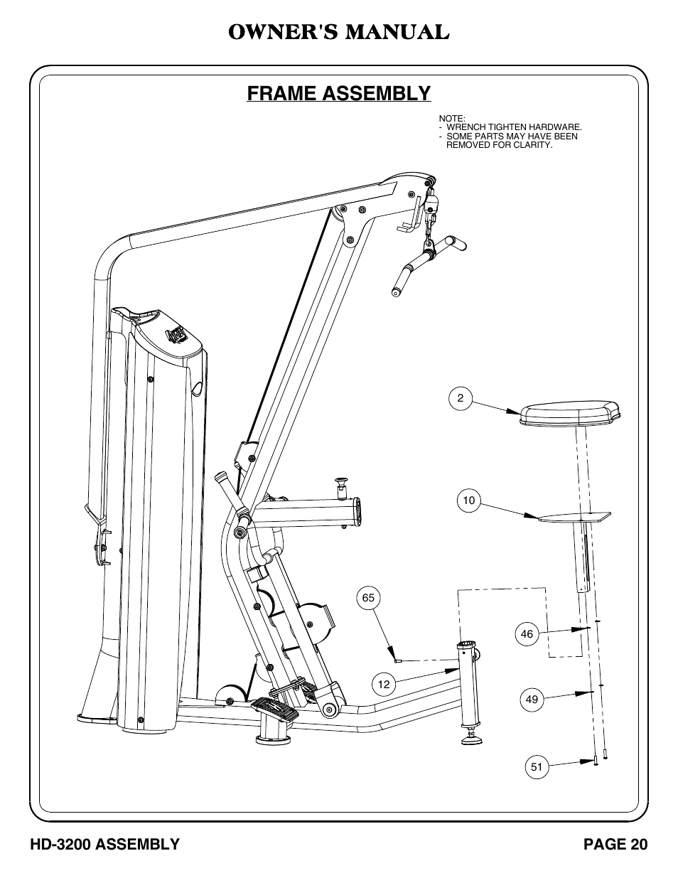 Frame assembly, Owner's manual | Hoist Fitness HD-3200 User Manual | Page 21 / 46