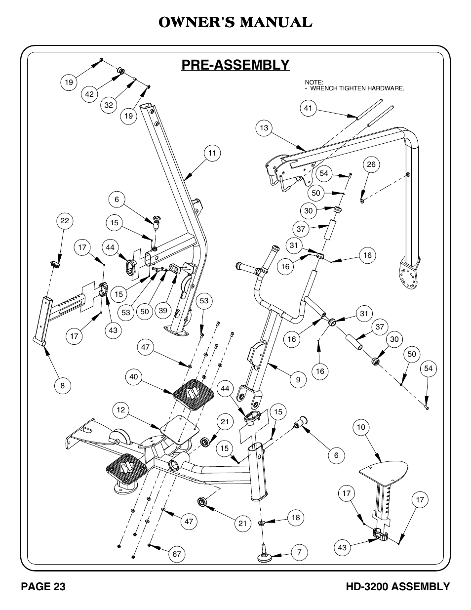 Hd-3200 pg 21-23, Pre-assembly, Owner's manual | Hoist Fitness HD-3200 User Manual | Page 24 / 46