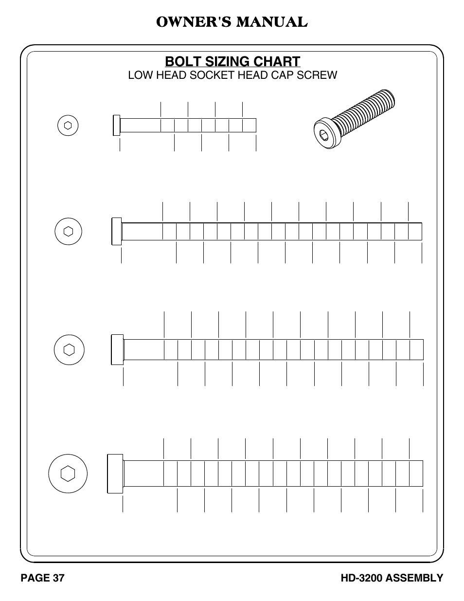 Bolt sizing chart, Owner's manual, Low head socket head cap screw | Hoist Fitness HD-3200 User Manual | Page 38 / 46