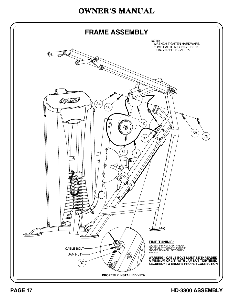 Hd-3300 pg 17-18, Frame assembly, Owner's manual | Hoist Fitness HD-3300 User Manual | Page 18 / 45