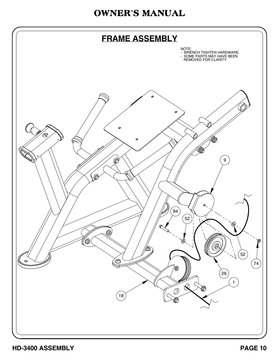 Frame assembly, Owner's manual | Hoist Fitness HD-3400 User Manual | Page 11 / 44