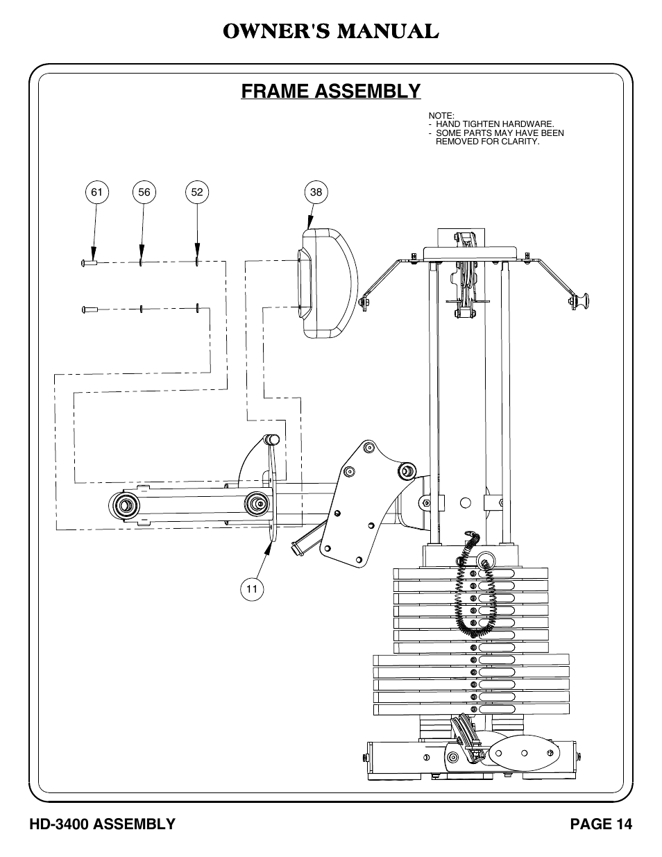 Frame assembly, Owner's manual | Hoist Fitness HD-3400 User Manual | Page 15 / 44