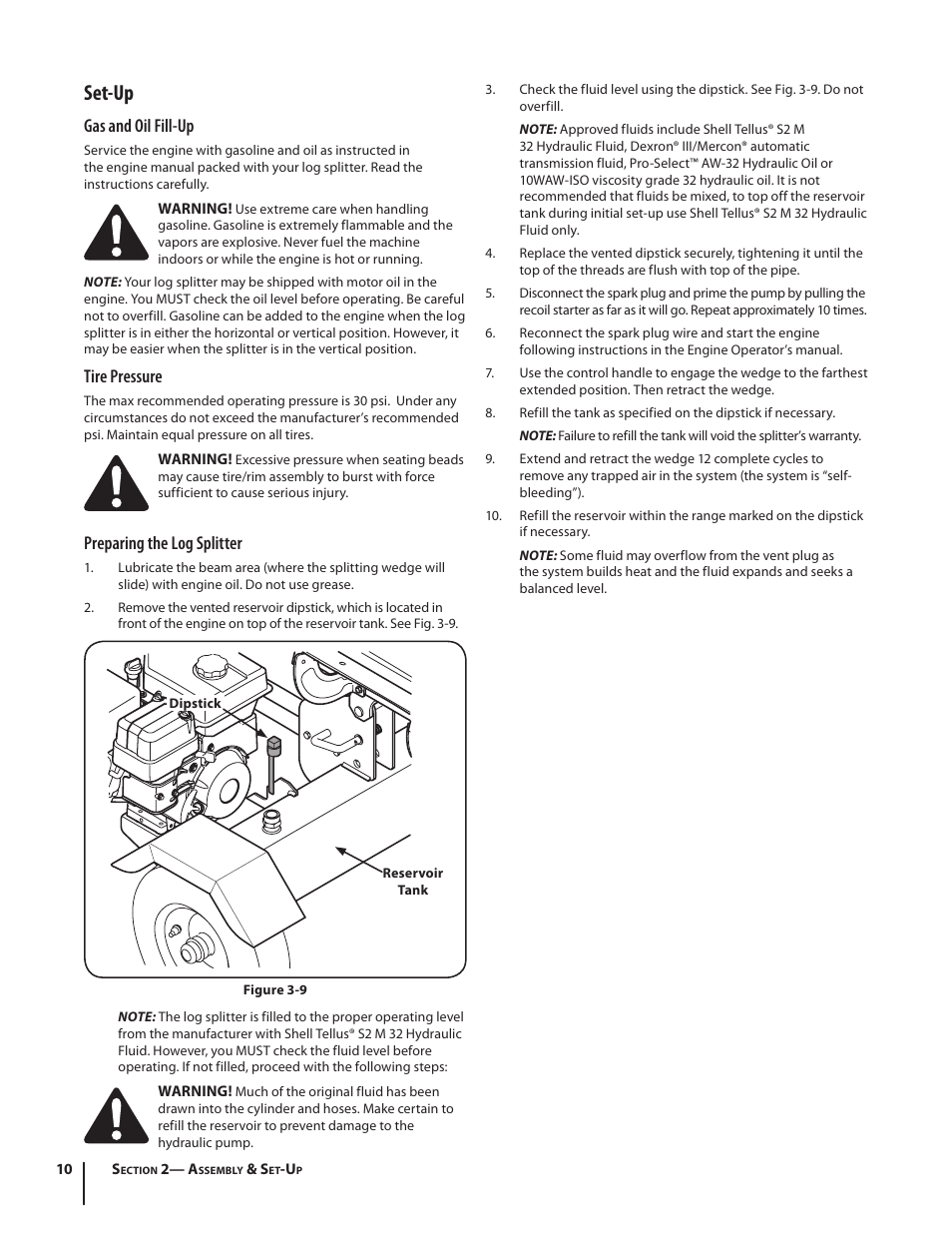 Set-up, Gas and oil fill-up, Tire pressure | Preparing the log splitter | Cub Cadet HP LS 27 CC User Manual | Page 10 / 24