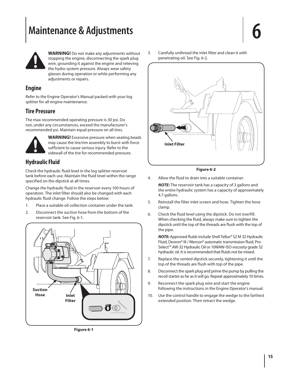 Maintenance & adjustments, Engine, Tire pressure | Hydraulic fluid | Cub Cadet HP LS 27 CC User Manual | Page 15 / 24