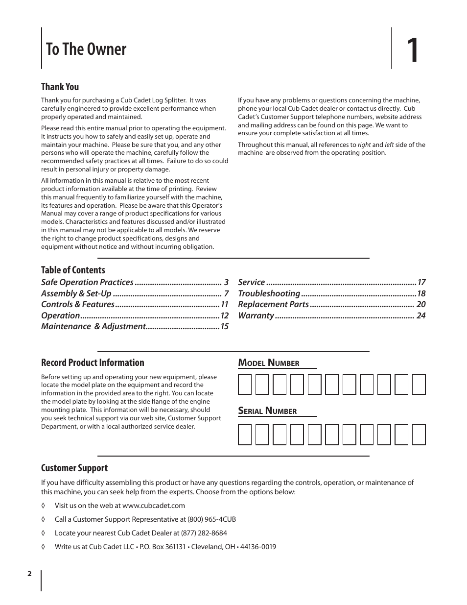 Table of contents record product information, Customer support | Cub Cadet HP LS 27 CC User Manual | Page 2 / 24