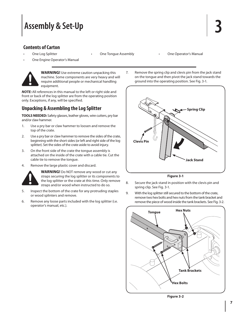 Assembly & set-up, Contents of carton, Unpacking & assembling the log splitter | Cub Cadet HP LS 27 CC User Manual | Page 7 / 24