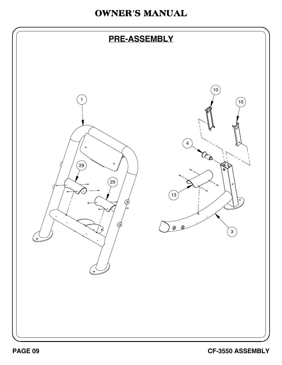 Cf-3550 pg. 09-10, Pre-assembly, Owner's manual | Hoist Fitness CF-3550 User Manual | Page 10 / 23