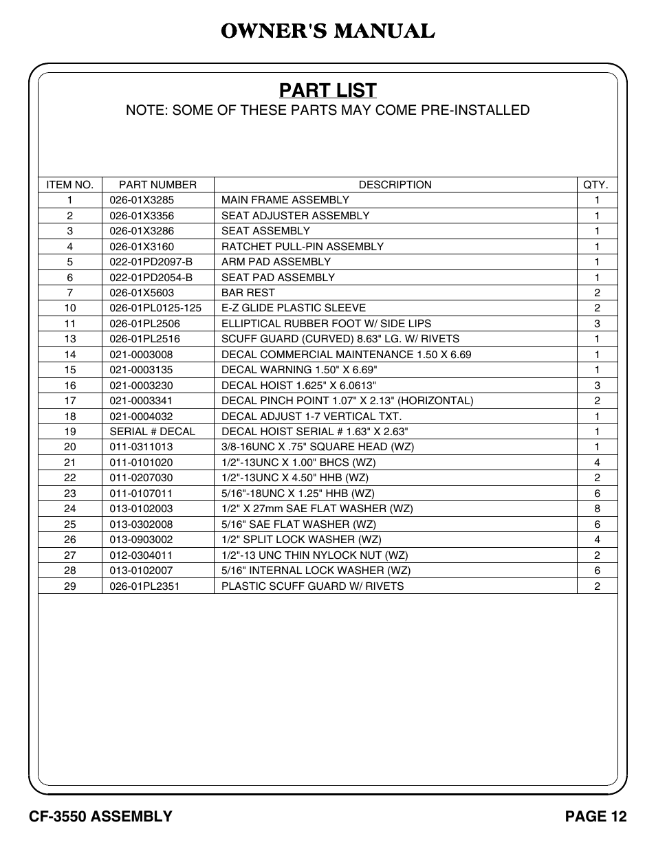 Part list, Owner's manual, Page 12 | Cf-3550 assembly | Hoist Fitness CF-3550 User Manual | Page 13 / 23