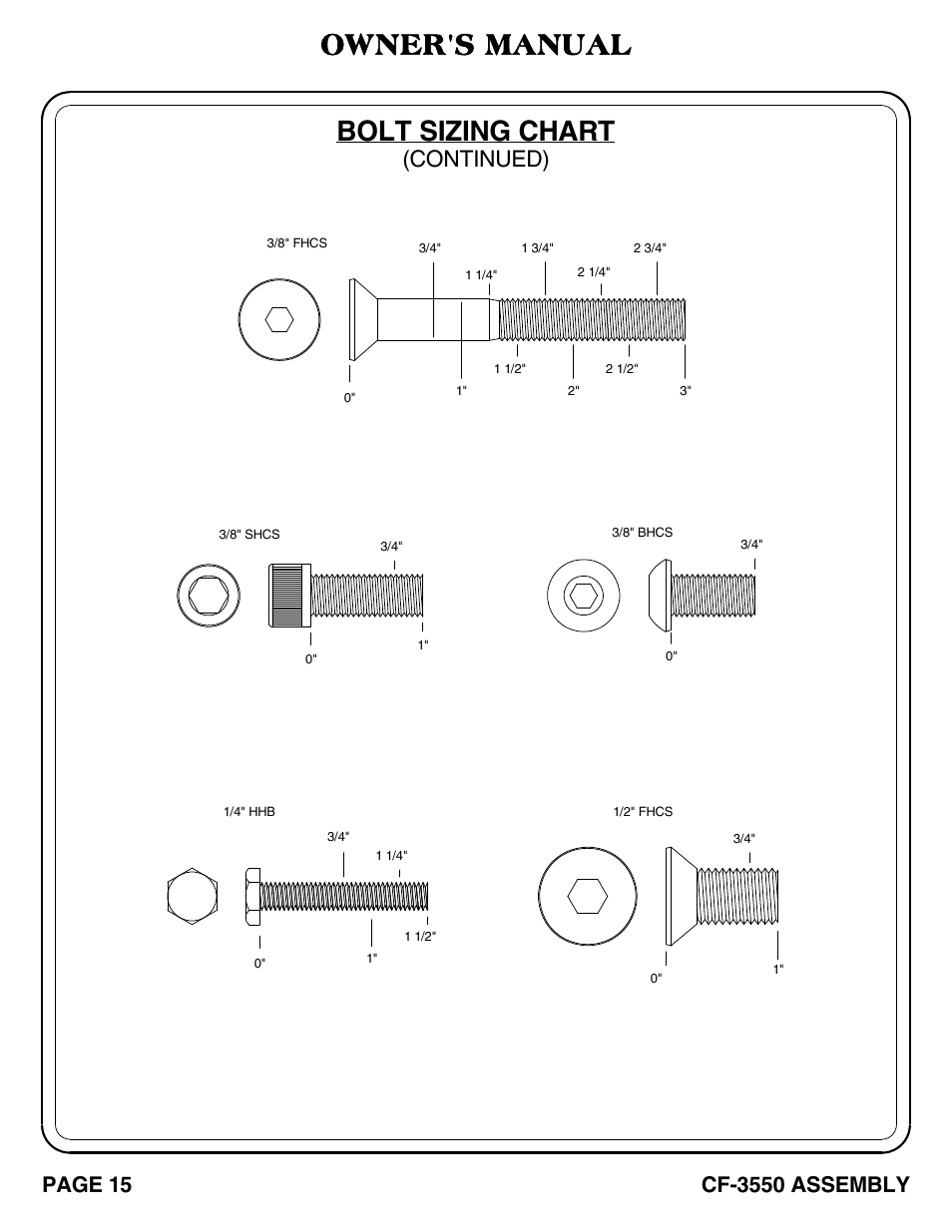 Bolt sizing chart, Owner's manual, Continued) | Cf-3550 assembly, Page 15 | Hoist Fitness CF-3550 User Manual | Page 16 / 23
