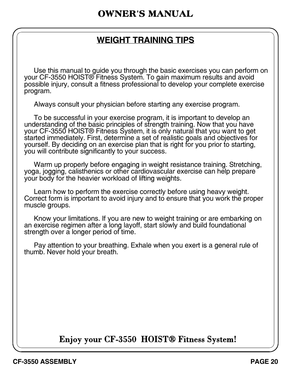 Enjoy your cf-3550 hoist® fitness system, Weight training tips, Owner's manual | Hoist Fitness CF-3550 User Manual | Page 21 / 23