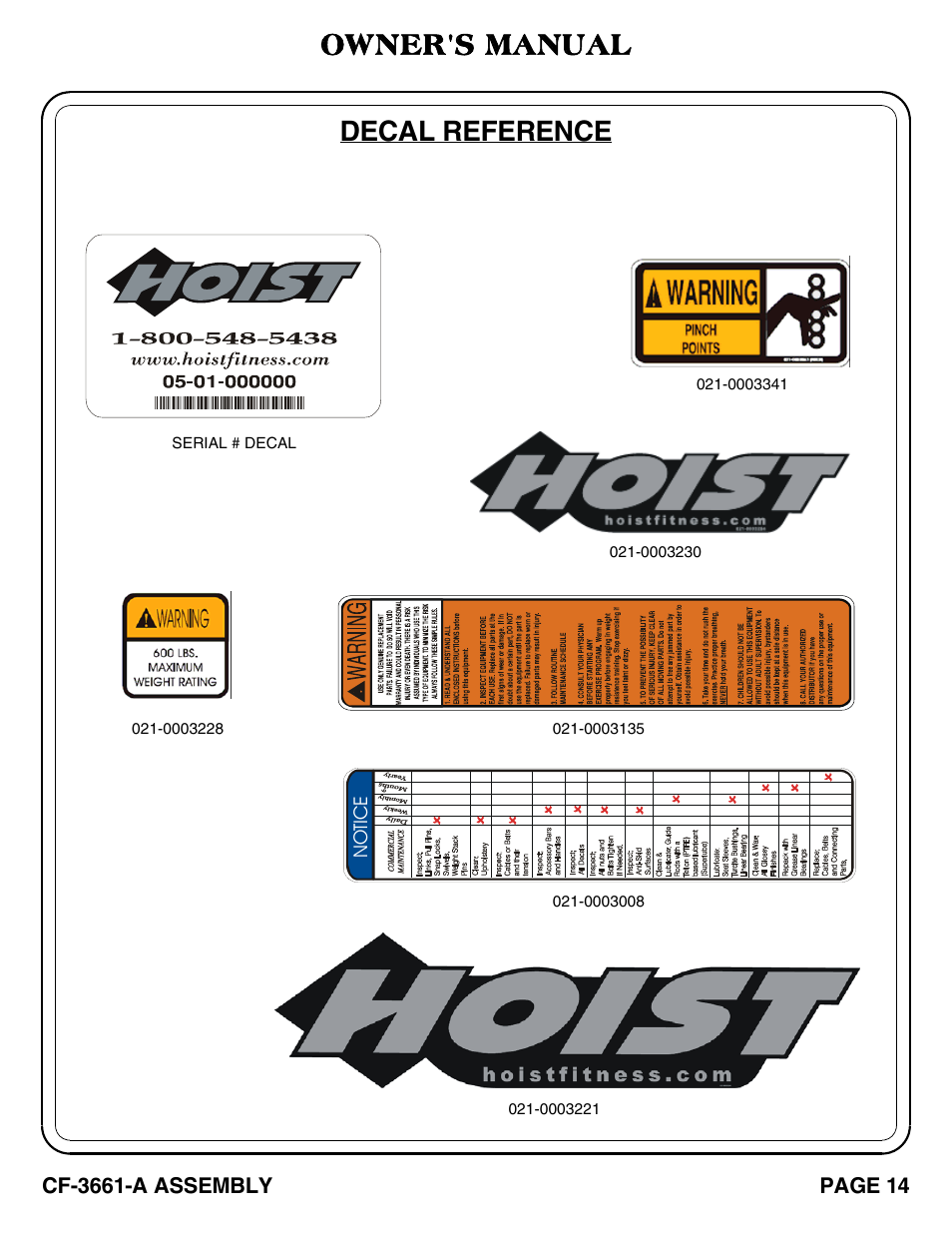 Decal reference owner's manual | Hoist Fitness CF-3661-A User Manual | Page 15 / 28