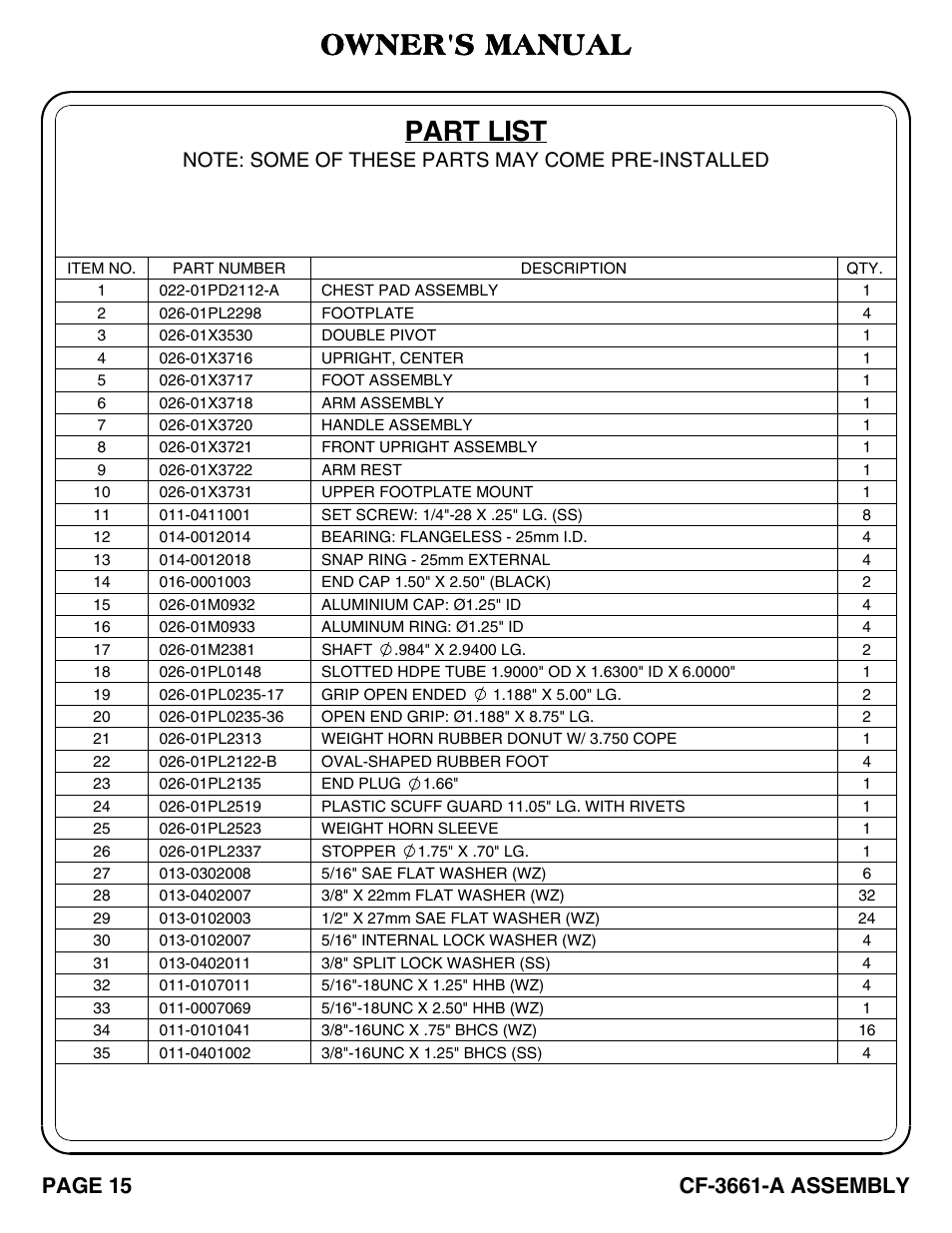 Part list, Owner's manual, Cf-3661-a assembly | Page 15 | Hoist Fitness CF-3661-A User Manual | Page 16 / 28