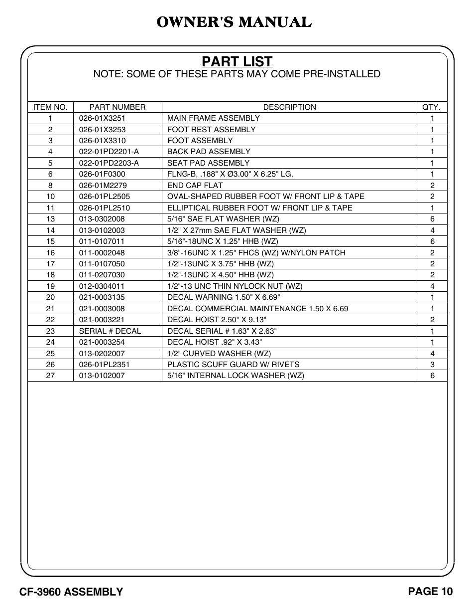 Part list, Owner's manual, Cf-3960 assembly | Page 10 | Hoist Fitness CF-3960 User Manual | Page 11 / 21