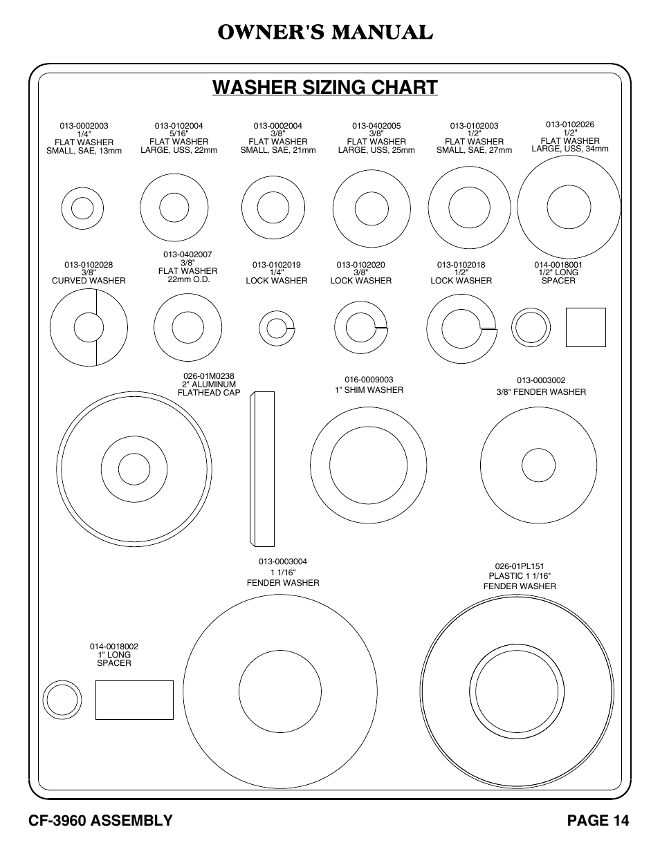 Owner's manual, Washer sizing chart | Hoist Fitness CF-3960 User Manual | Page 15 / 21