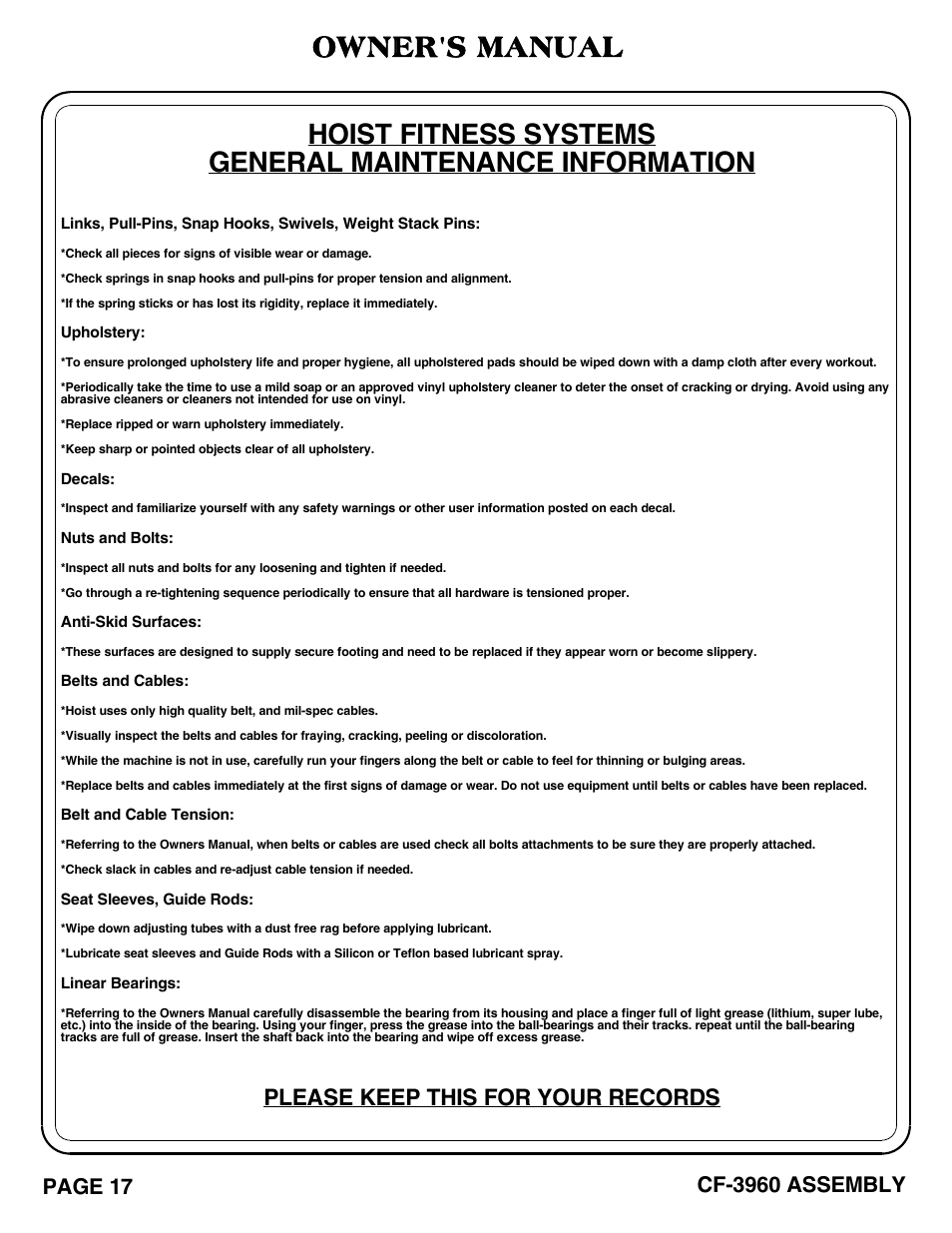 Owner's manual, Please keep this for your records | Hoist Fitness CF-3960 User Manual | Page 18 / 21