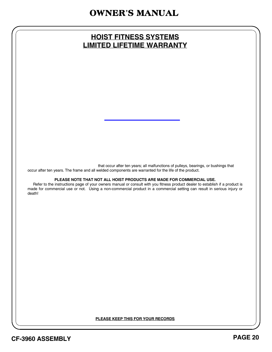 Owner's manual, Hoist fitness systems limited lifetime warranty | Hoist Fitness CF-3960 User Manual | Page 21 / 21
