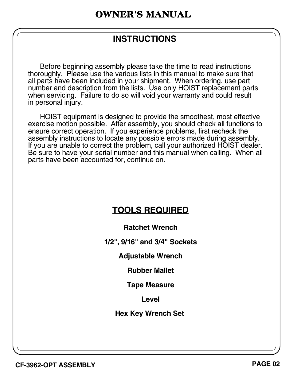 Owner's manual, Tools required, Instructions | Hoist Fitness CF-3962-OPT User Manual | Page 3 / 24