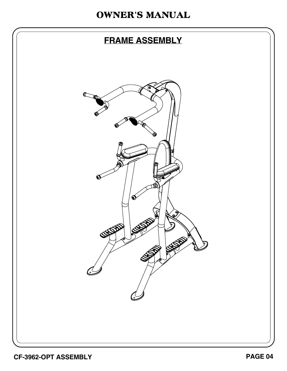 Owner's manual, Frame assembly | Hoist Fitness CF-3962-OPT User Manual | Page 5 / 24