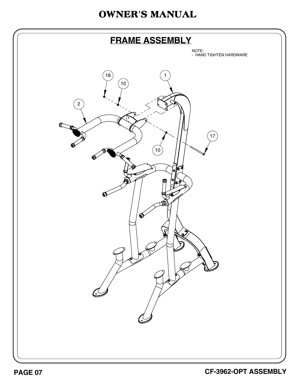 Frame assembly, Owner's manual | Hoist Fitness CF-3962-OPT User Manual | Page 8 / 24