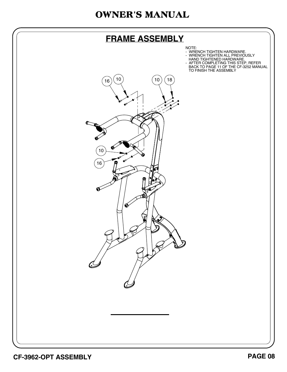 Important, Frame assembly, Owner's manual | Hoist Fitness CF-3962-OPT User Manual | Page 9 / 24