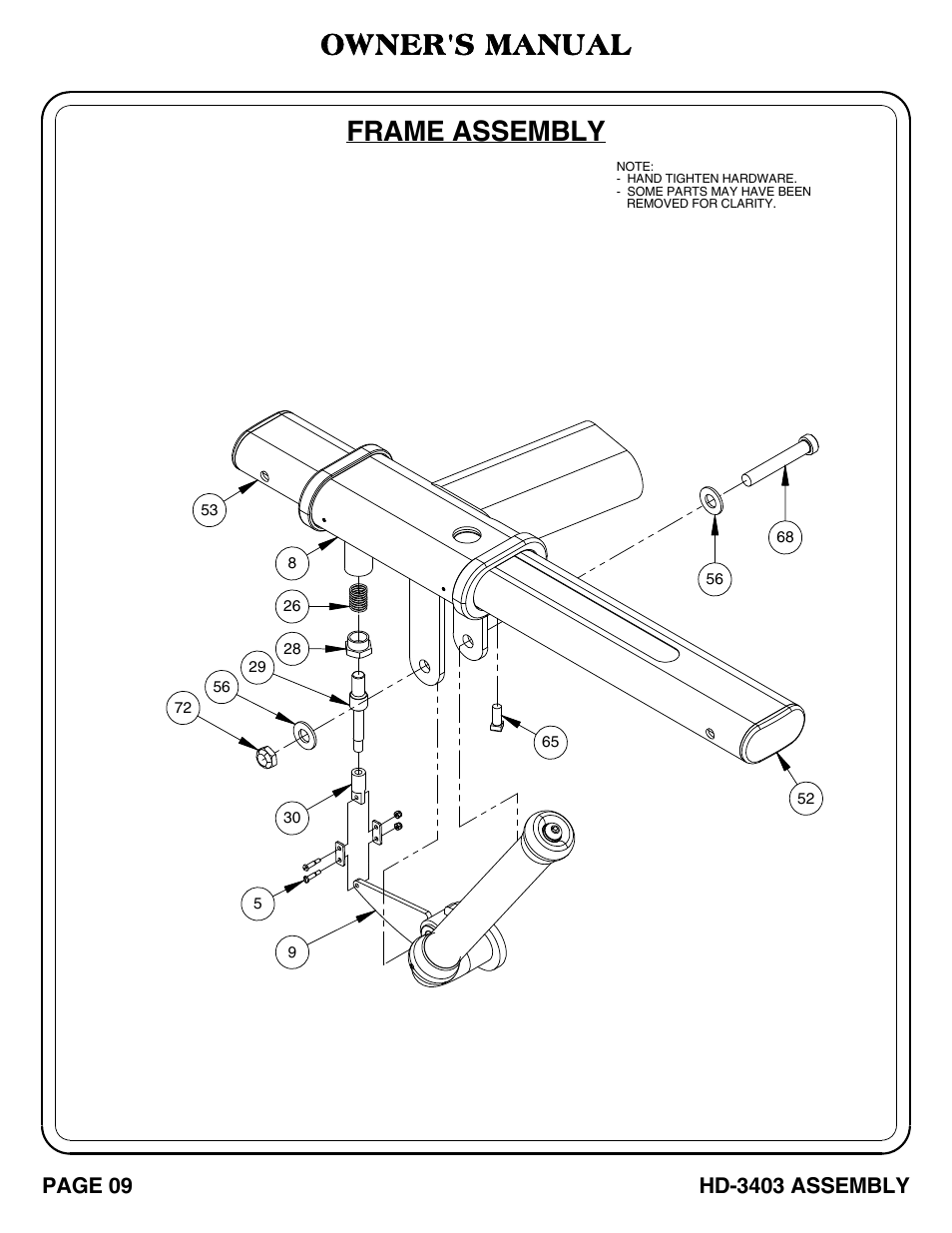 Frame assembly, Owner's manual | Hoist Fitness HD-3403 User Manual | Page 10 / 43