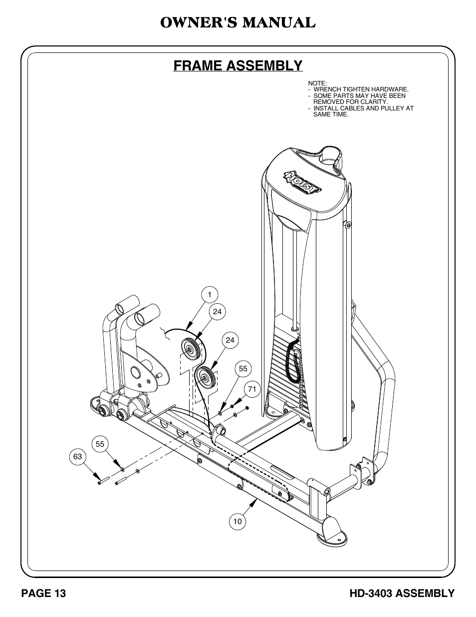 Frame assembly, Owner's manual | Hoist Fitness HD-3403 User Manual | Page 14 / 43