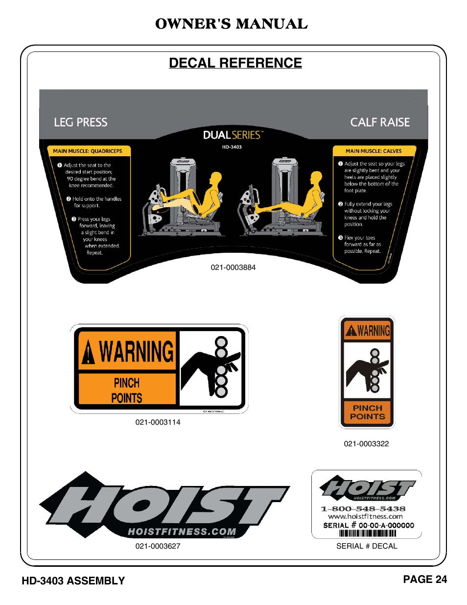 Decal reference, Owner's manual | Hoist Fitness HD-3403 User Manual | Page 25 / 43