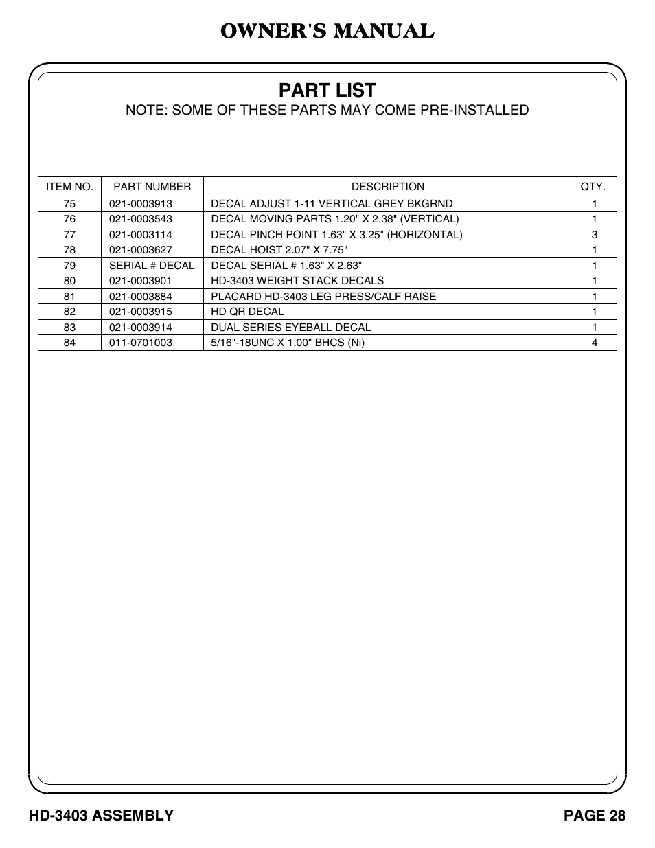 Part list owner's manual | Hoist Fitness HD-3403 User Manual | Page 29 / 43