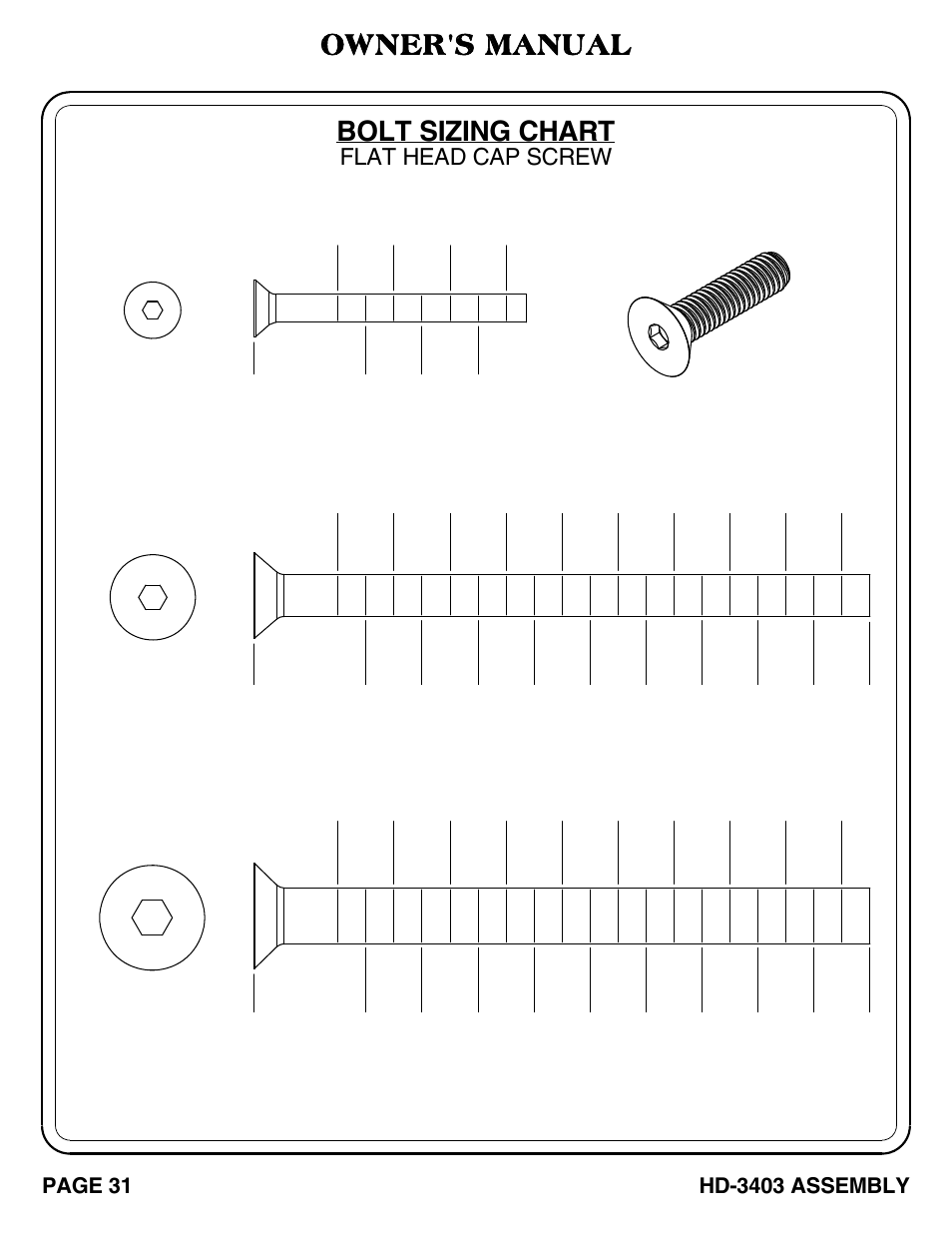 Bolt sizing chart, Owner's manual, Flat head cap screw | Hoist Fitness HD-3403 User Manual | Page 32 / 43