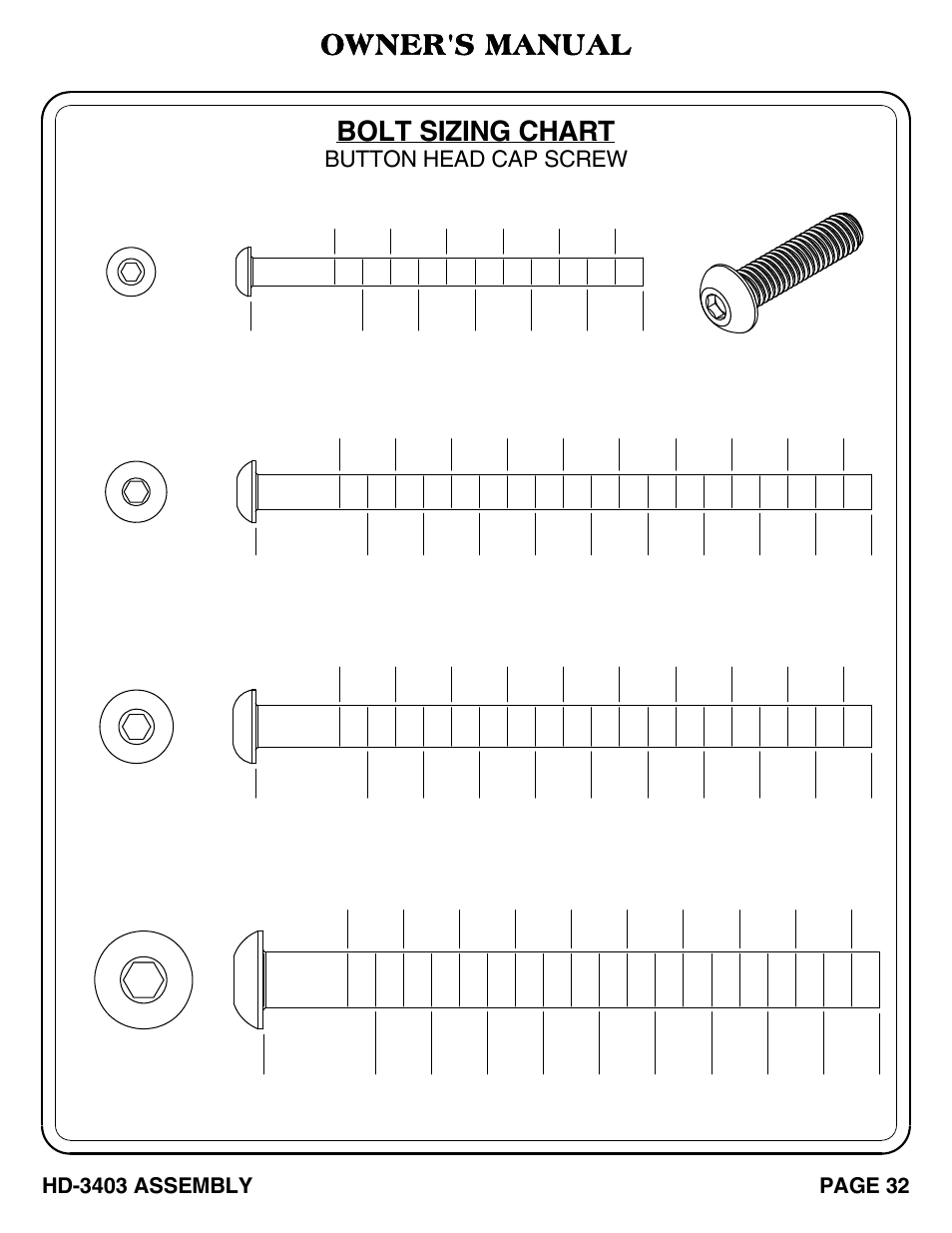 Bolt sizing chart owner's manual, Button head cap screw | Hoist Fitness HD-3403 User Manual | Page 33 / 43