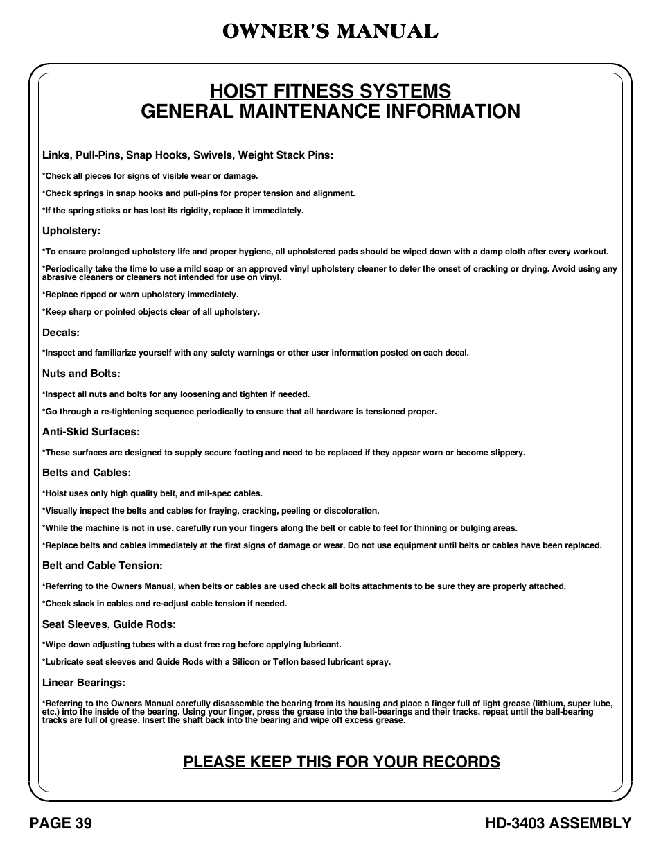 Owner's manual, Please keep this for your records | Hoist Fitness HD-3403 User Manual | Page 40 / 43