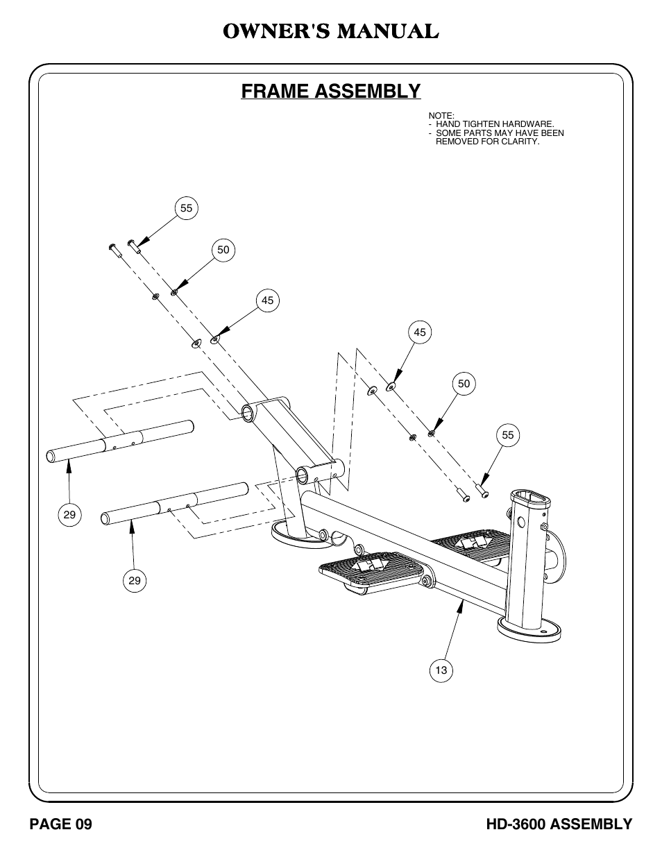 Hd-3600 pg 09-10, Frame assembly, Owner's manual | Hoist Fitness HD-3600 User Manual | Page 10 / 42