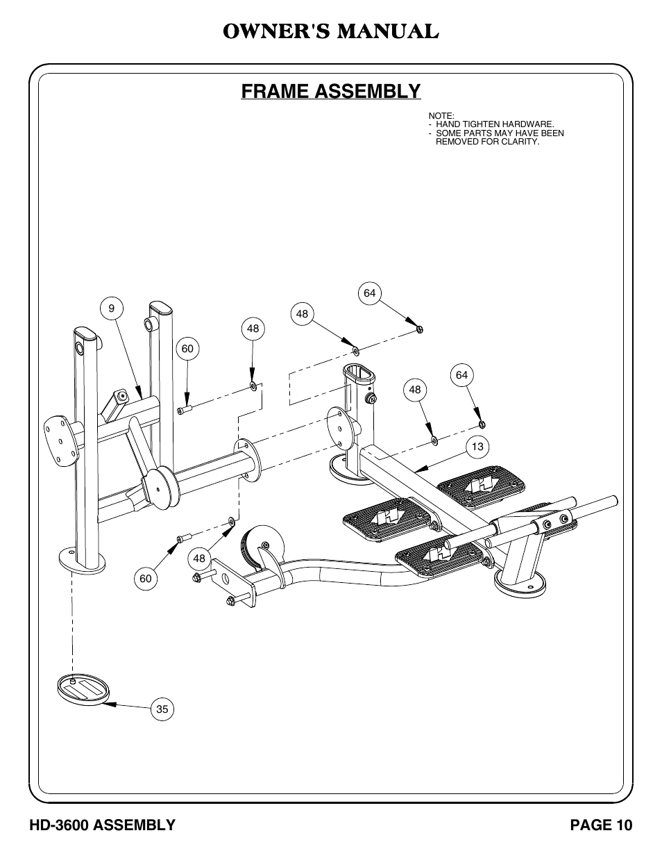 Frame assembly, Owner's manual | Hoist Fitness HD-3600 User Manual | Page 11 / 42