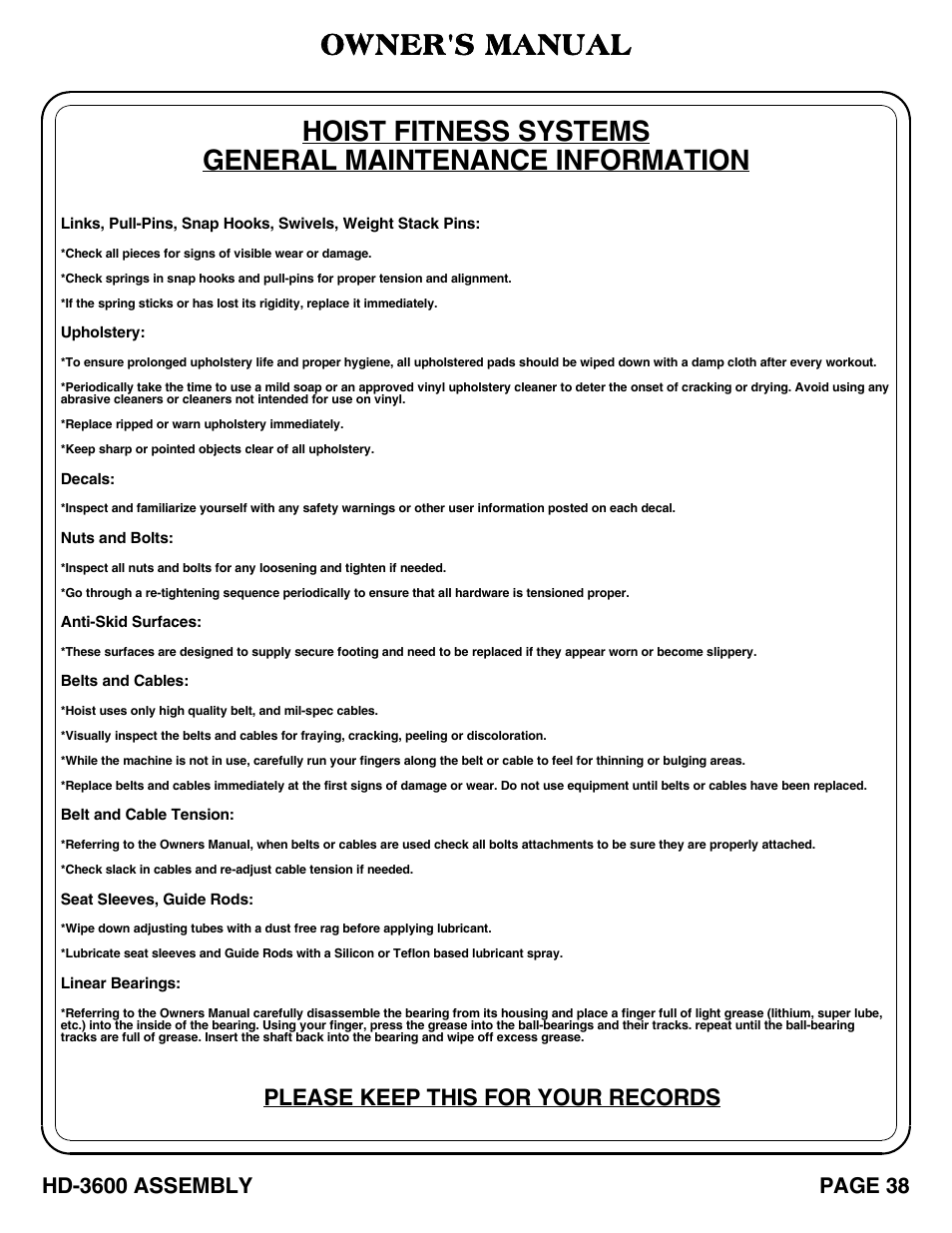 Owner's manual, Please keep this for your records | Hoist Fitness HD-3600 User Manual | Page 39 / 42