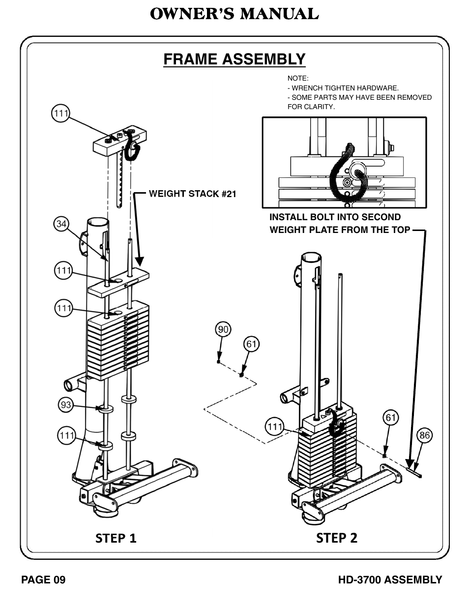 Owner’s manual frame assembly, Step 1 step 2 | Hoist Fitness HD‐3700 User Manual | Page 10 / 57