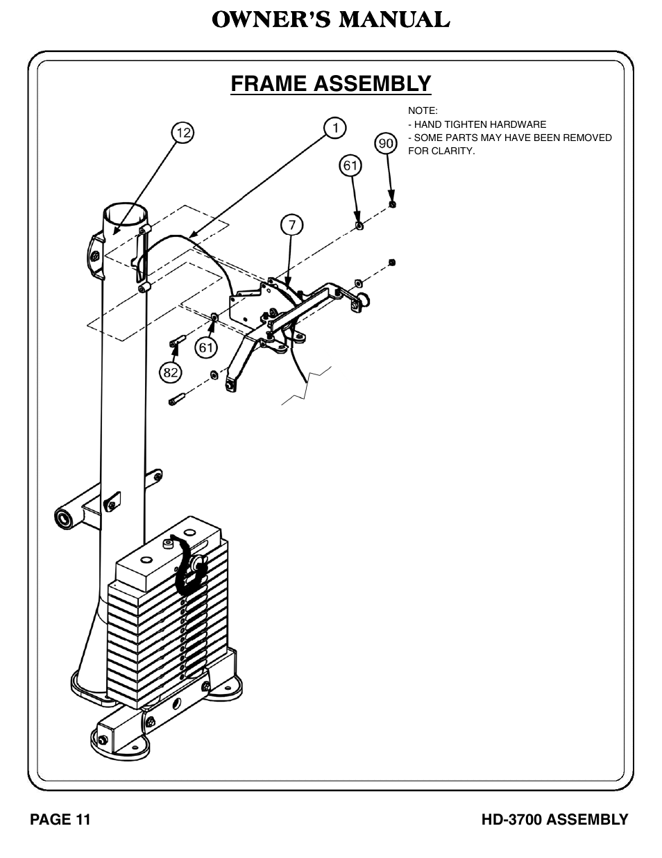 Owner’s manual frame assembly | Hoist Fitness HD‐3700 User Manual | Page 12 / 57