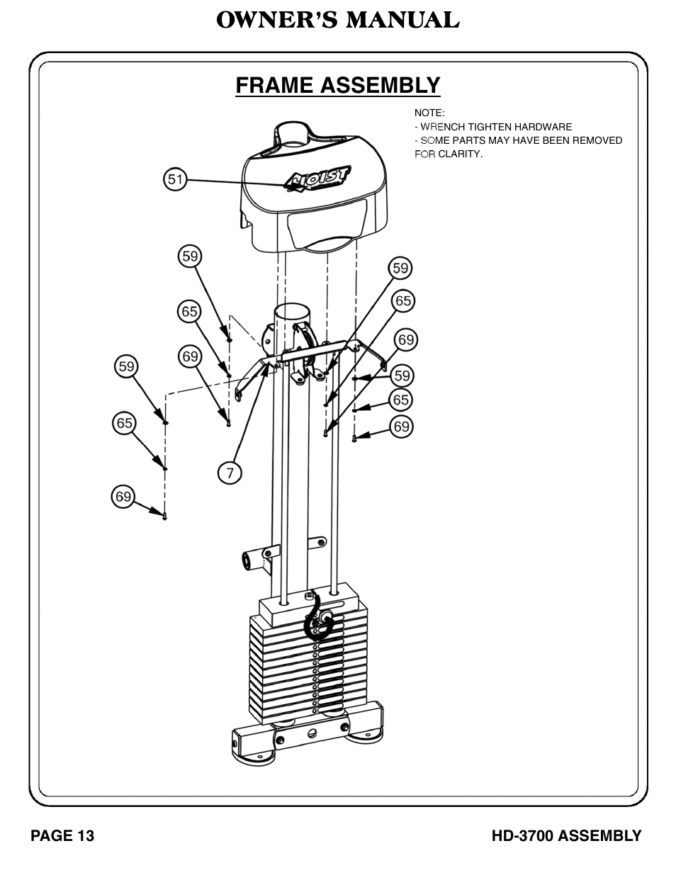 Owner’s manual frame assembly | Hoist Fitness HD‐3700 User Manual | Page 14 / 57