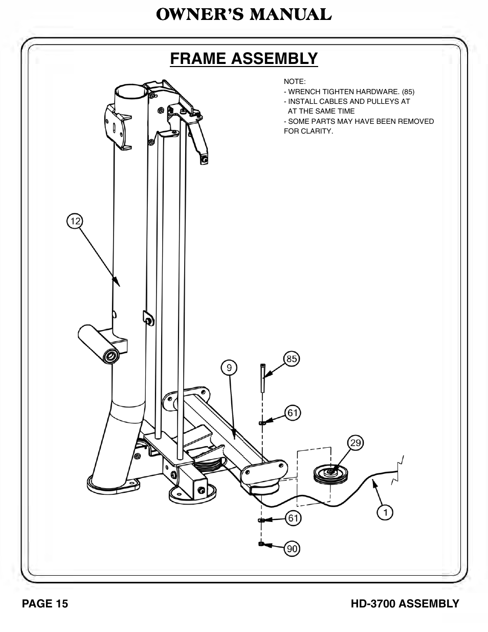 Owner’s manual frame assembly | Hoist Fitness HD‐3700 User Manual | Page 16 / 57