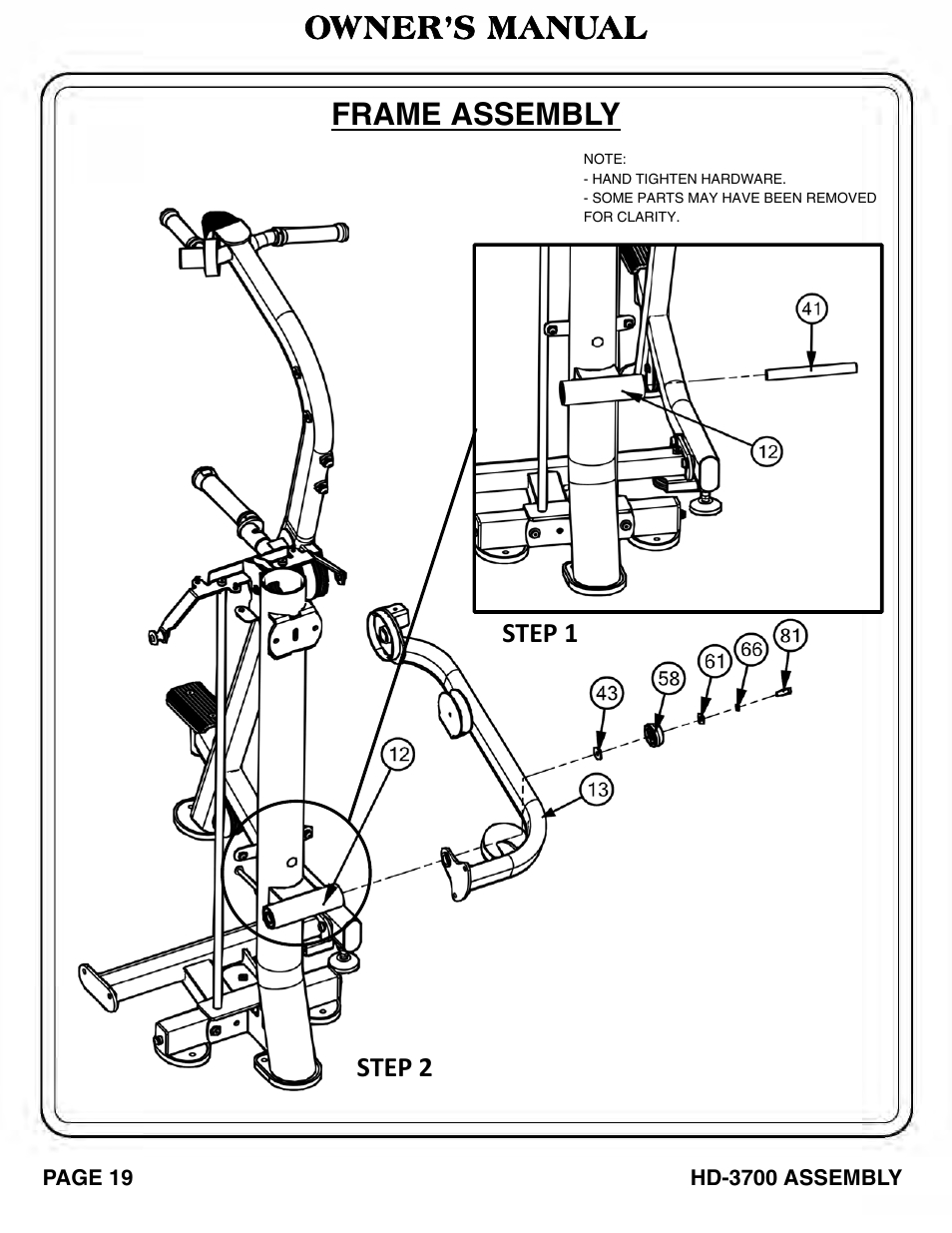 Owner’s manual frame assembly | Hoist Fitness HD‐3700 User Manual | Page 20 / 57