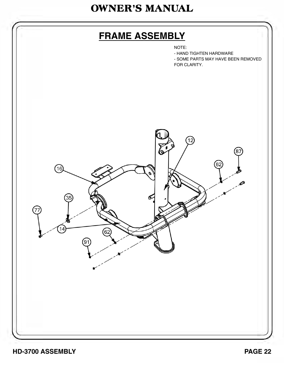 Owner’s manual frame assembly | Hoist Fitness HD‐3700 User Manual | Page 23 / 57