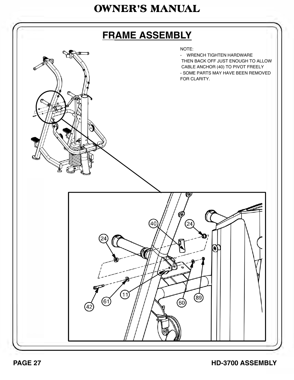 Owner’s manual frame assembly | Hoist Fitness HD‐3700 User Manual | Page 28 / 57