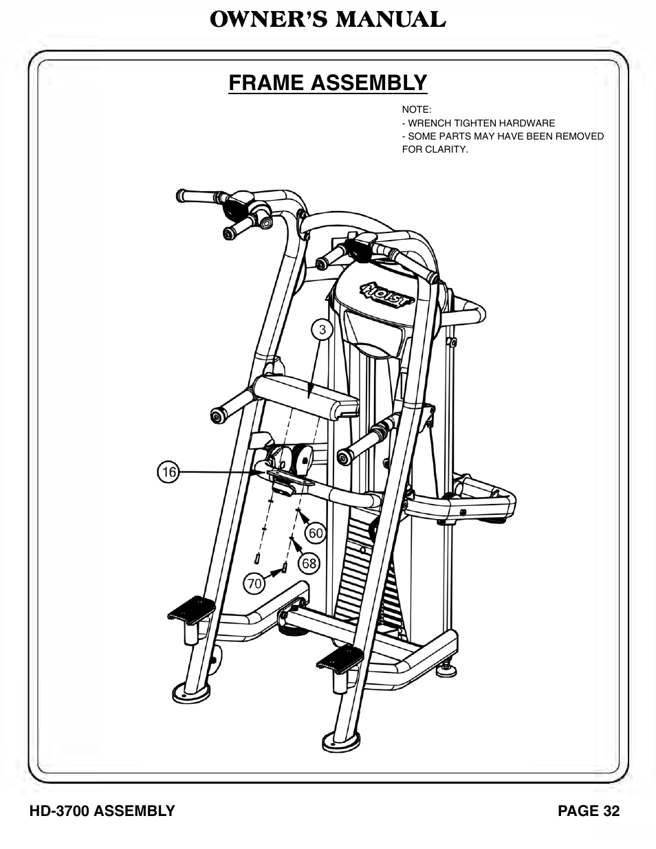 Owner’s manual frame assembly | Hoist Fitness HD‐3700 User Manual | Page 33 / 57