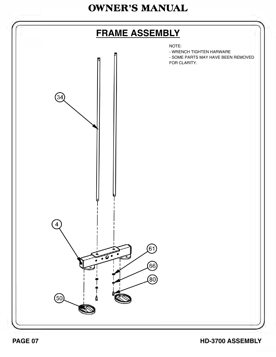 Owner’s manual frame assembly | Hoist Fitness HD‐3700 User Manual | Page 8 / 57