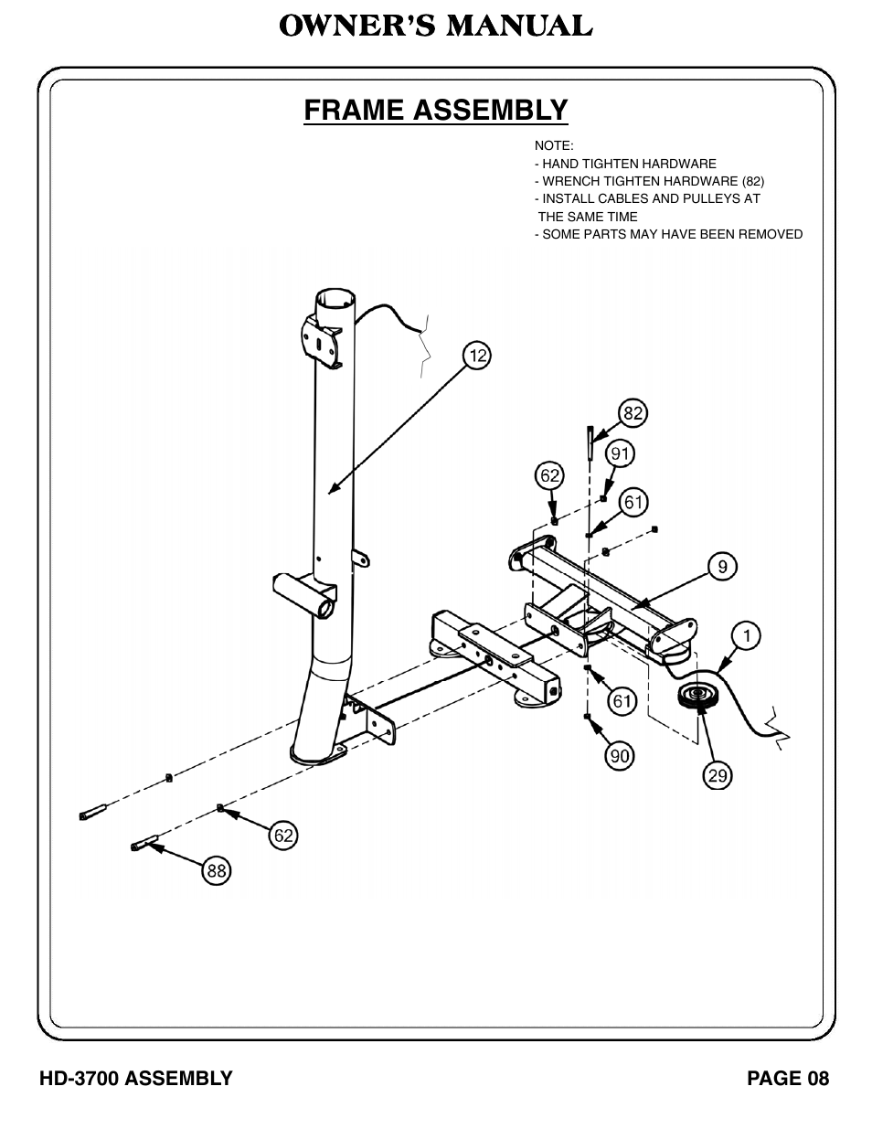 Owner’s manual frame assembly | Hoist Fitness HD‐3700 User Manual | Page 9 / 57