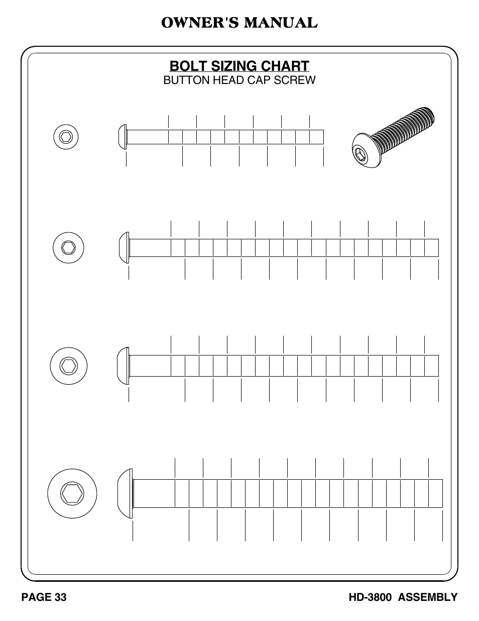 Bolt sizing chart owner's manual, Button head cap screw | Hoist Fitness HD-3800 User Manual | Page 34 / 44